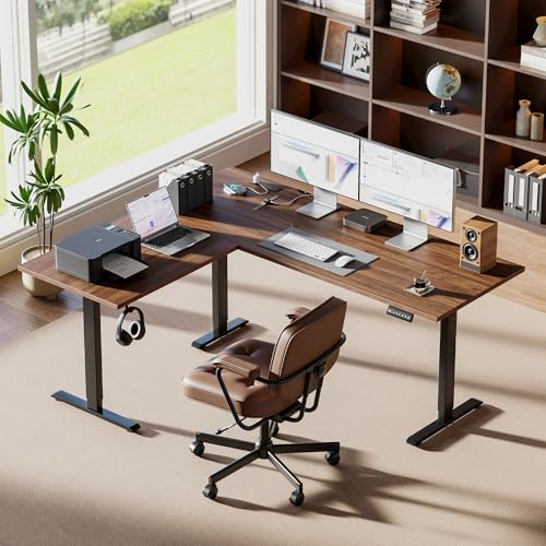 Image of Agilestic Electric L Shaped Standing Desk 63 x 48 Inch with Power Outlet, Height Adjustable Corner Stand up Desk with Cable Management,Sit Stand Home Office Workstation with Splice Board, Dark Walnut