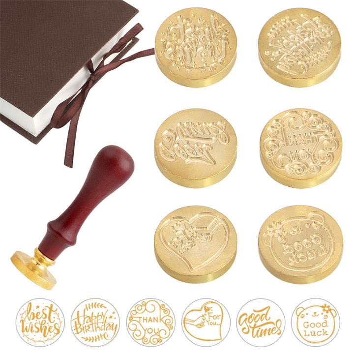 Juego de sellos de cera, 6 piezas de sellos de cera de sellado + 1 empuñadura de madera, kit de sello de cera de sellado con caja de regalo (frase