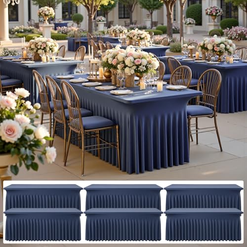 Image of 6 pk Navy Blue Spandex Tablecloth 6ft with Ruffled Skirt, Wrinkle Free High Stretch Fitted Tablecloths for 6 Foot Rectangle Tables, Elastic Navy Spandex Table Covers 6 ft for Graduation Wedding Party