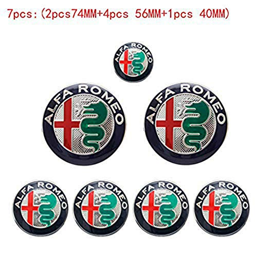 7pcs Alfa New Romeo Logo 74mm Hood Trunk+ 40mm Steering Wheel Badge+ 56mm Wheel Center Cap Emblem Brera 159 Spider Giulietta Stelvio 166 147 146 GT C4