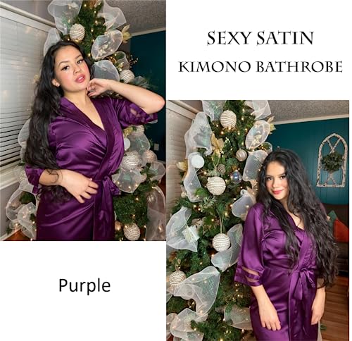 Image of Ekouaer Women's Satin Robe Silk Kimono Bathrobe Bridesmaid Wedding Bridal Party Robes 3 /4 Bell Sleeve Sleepwear S-XXL