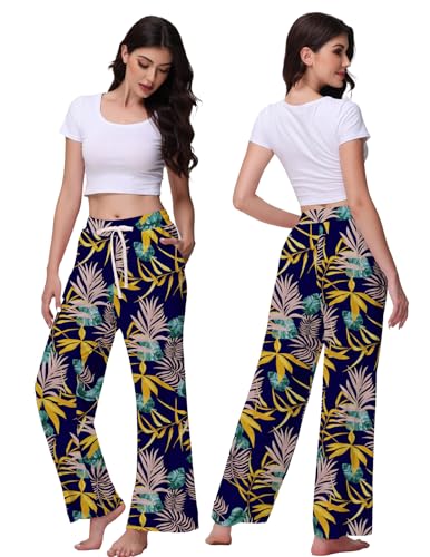 Image of Veseacky Women's Wide Leg Lounge Pants Yoga Pajamas Comfy Stretch Drawstring Pajamas Puls Size Dance Bottoms S-4XL