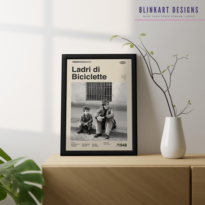 Image of BLINKART Ladri Di Biciclette Bicycle Movie Poster Frame 8x12 Inch | Premium 300 GSM Paper Wall Print | Mid Century Vintage Film Artwork for Home, Bedroom, Living Room, Office | Framed Photo Decor