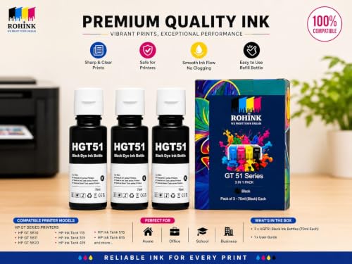 Image of ROHINK GT51 GT52 Ink Refill Dye Ink Compatible with HP Ink Tank 115, 310, 315, 319, 410, 415, 416, 419, 455, 500, 515, 530, 615, GT 5810, GT 5811, GT 5820 (70ML*3 Black)
