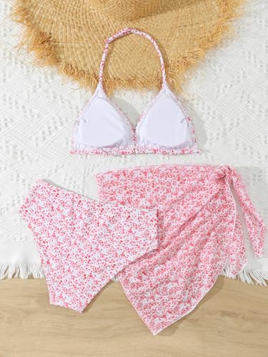 Image of SEGT Girl's 3 Piece Striped Bikini Swimwear Cute Swimsuits Bathing Suit High Waisted with Cover Up Beach Skirt