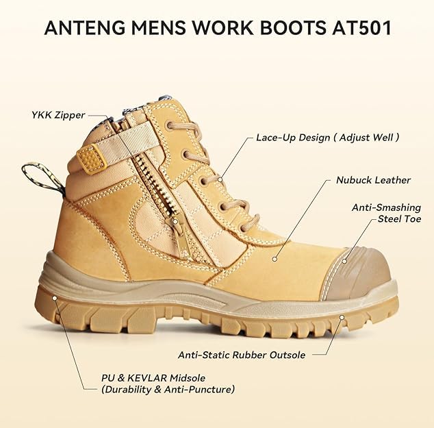 Men's Work Boots, Nubuck Leather Steel Toes Work Shoes, YKK Zipper, 6 Inch, SD, Anti-Puncture (AT501, Wheat)2