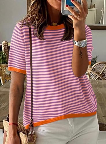Image of Dokotoo Womens Tops 2026 Casual Summer Crewneck Short Sleeve Striped Color Block Knit High Low Trendy Pullover Sweaters