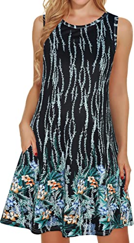 Summer Dresses For Women Beach Floral Tshirt Sundress Sleeveless Pockets Casual Loose Tank Dress(Deep Blue Floral,L) #TOP9