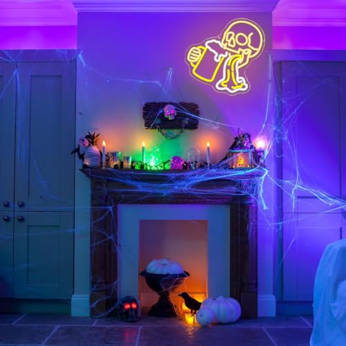 Image of Skull Beer Neon Sign for Wall Decor Halloween Neon Light Bar Led Sign Skeleton Beverage Neon Light Signs for Bedroom Halloween Decoration