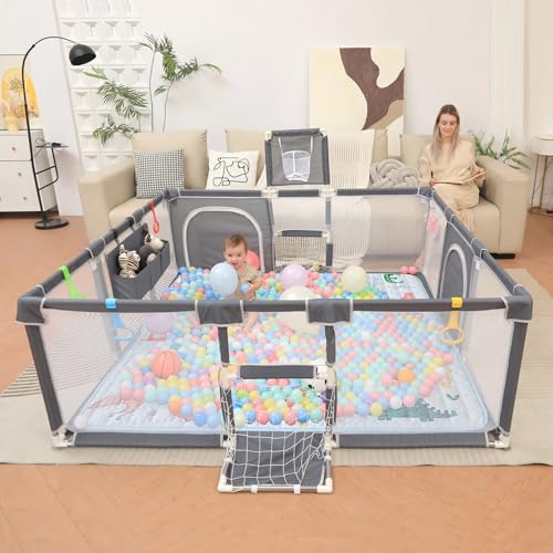 Image of Playpen for Babies and Toddlers,73 inchx71 inchBaby Playpen with Mat Indoor&Outdoor with Breathable Play Pen with Ocean Balls Hanging Pocket Basketball Hoop and Football Goal (Grey with Mat, 73 inchx71 inch)