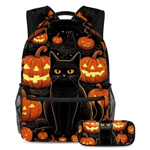 Cartable chat noir d'Halloween multicolore et sa trousse