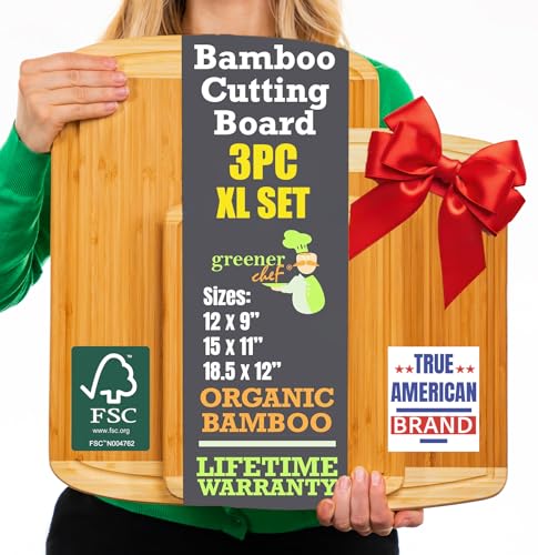 Organic Bamboo Cutting Board Set of 3 with Lifetime Replacements - Wood Cutting Board Set with Juice Groove - Wooden Chopping board Set for Kitchen, Meat and Cheese - Wooden Cutting Boards for Kitchen
