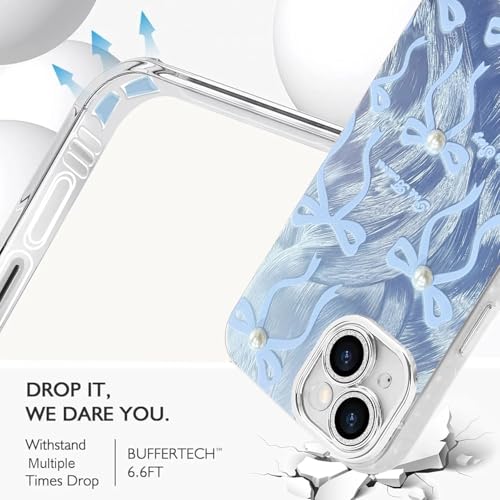 Image of VONZEE Compatible with iPhone 15 6.1'' Case Luxury Pink Girly Cute 3D Bow Pearl Glitter Bling Case with Full Camera Protection Shockproof PC+TPU Glossy Shiny Cover for Girls Women, Blue