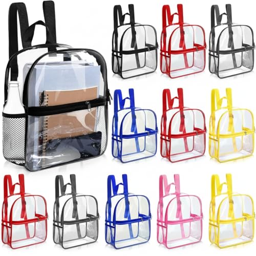 Image of Sweetude 12 Pcs Clear Backpack for Stadium Events Bulk 11.5x9.5x5.5 Inch Small Transparent Bag with Front Pocket for Concert Travel (Multicolor)