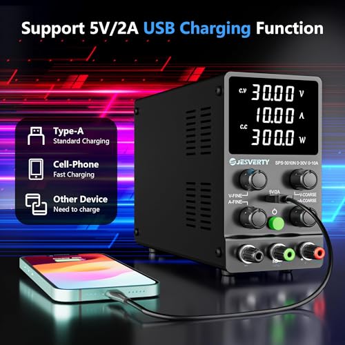 Image of DC adjustable laboratory power supply (30V 10A), Jesverty DC power supply with precision 4 digit LED display, 5V /2A USB port, coarse and accurate adjustment