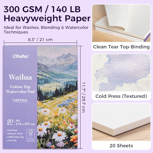 Image of Ohuhu Watercolour Paper Pad A4, 20 Sheets 300gsm Cold Press Fine Grain - 100% Cotton Top Surface with Patented Technology, Acid-Free Mixed Media Pad for Watercolour, Ink & Gouache