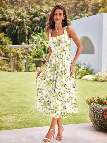 Image of Sureple Midi Dresses for Women 2026 Spring Square Neck Tank Sleeveless A Line Casual Summer Sundresses with Pockets
