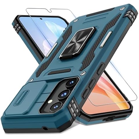 DEERLAMN Case for Samsung Galaxy A35/A55 5G with Slide Camera Cover+Screen Protector (1 Pack), Rotated Ring Kickstand Military Grade Shockproof Protective Cover-Light Blue Cover