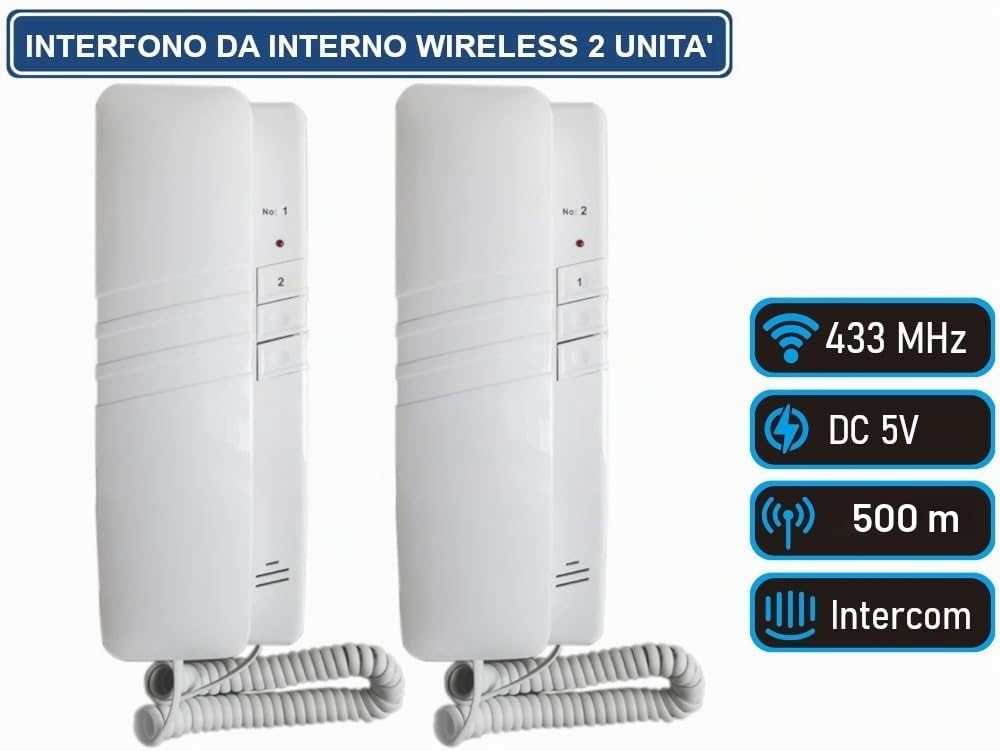 Citofono interfono 2 canali wireless senza fili intercomunicante 433Mhz distanza 500mt. Coppia di cornette da interno a parete, Ac 220v / Dc 5v - CW896
