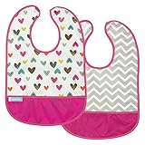 Kushies Cleanbib Waterproof Feeding Bib with Catch All/Crumb Catcher Pocket. Wipe Clean and Reuse! Lightweight for Comfort, 2-Pack, Baby Girls, 6-12 Months, White Doodle Hearts/Fuchsia Chevron