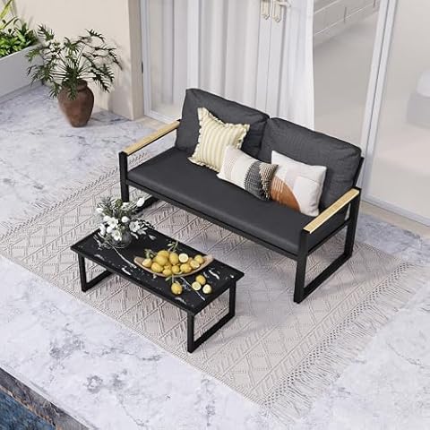 Raysfung Aluminum Patio Furniture Set 2 Pieces, Outdoor Conversation Sets with Coffee Table, Modern Patio Conversation Sets with Removable Cushions Cover