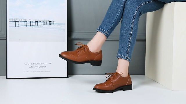 Black Oxford Shoes for Women Wingtip Brogues Lace-Up Formal Dress Flats