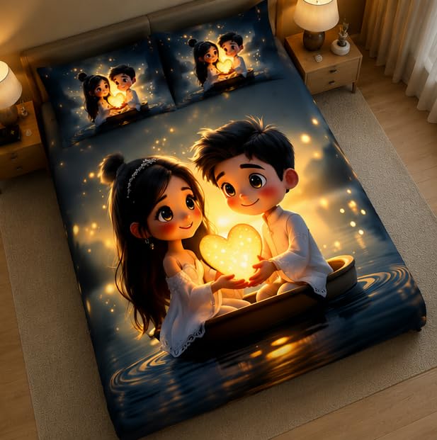 Image of 7D Digital Printed King Size Bedsheet with 2 Pillow Covers | Romantic Couple Love Theme | Premium Soft Microfiber Bedding Set | Ultra HD Designer Bedsheet
