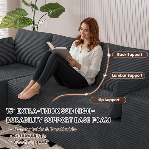 Image of 106 inch Cloud Sectional Boneless Couches for Living Room, Modular U Shaped Couch with Deep Seat, Removable Ottoman, Memory Foam Compressed Spineless 4 Seater Sofa for Bedroom Apartment, Grey