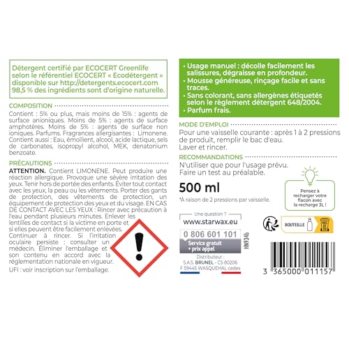 Liquide vaisselle Ecocert pour décoller les salissures Starwax