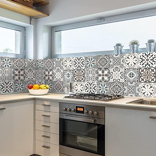 20pcs Vintage Victorian Tile Stickers, Kitchen Bathroom Wall Tile Stickers Peel and Stick on Tile Transfers Covers Decals Self Adhesive Vinyl Waterproof Beige Moroccan Mosaic (15cm x 15cm, 6x6 inches)