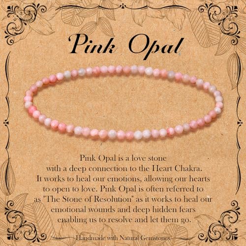 BONNY BOXX Natural Genuine Gemstone Faceted Round Beads Bracelets 3mm Adjustable Stretchy Tiny Faceted Pink Opal Bracelet Healing Crystal Reiki Chakra Dainty Jewelry Fashion Gifts