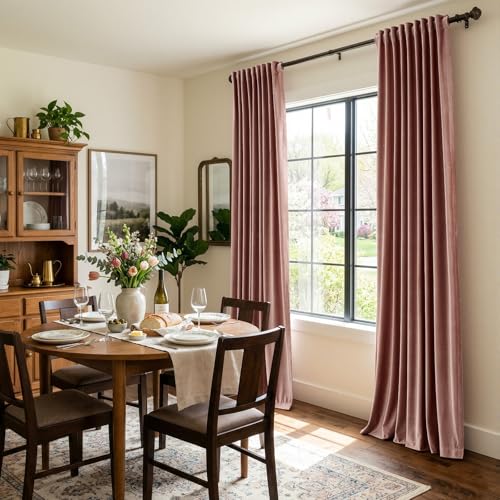Image of Elegant Dusty Pink Velvet Curtains 90 inches for Living Room,Luxury 2 Panels Room Darkening Rod Pocket Back Tab Curtain Thermal Insulated Heavy Soundproof Noice Reducing Window Drapes for Bedroom