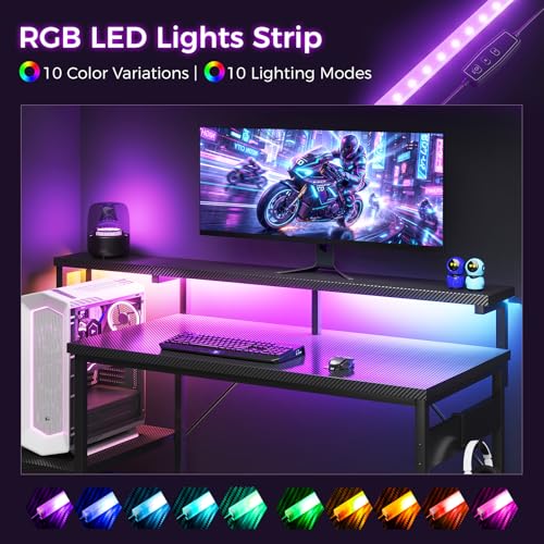 Image of AODK 48 Inch Gaming Desk with LED Lights, Computer Desk with Storage Shelves, Reversible Desk with Monitor Stand, Carbon Fiber Black