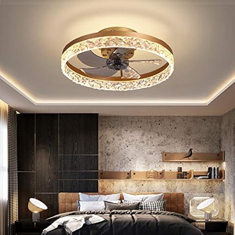 Ø50CM Crystal Ceiling Fan with Lights and Remote Control, LED 30W Dimming Modern Ceiling Light, Mute Fan Lighting for Living Room Bedroom Office, 6 Speed Wind,Gold Cover