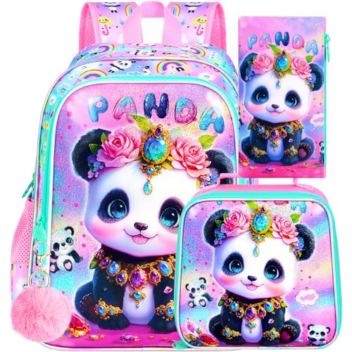 Image of 3Pcs Panda Backpack for Girls, 16 inch Kids School Backpacks with Lunch Box, Bookbag for Elementary Preschool Kindergarten(Pink)