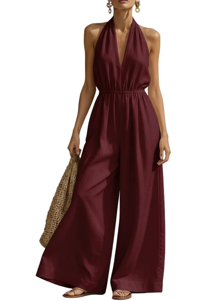 Monopezzi e Tutine da Donna Lunga Elegante Tuta Intera senza Maniche Scollo V senza Schienale Salopette Jumpsuit Pantaloni Vita Alta