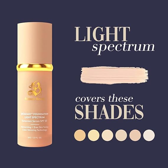 Forever Bloom Bio Mimic Foundation Light Spectrum SPF50 hydrates, conceals and evens tone with a lightweight, anti-aging finish for mature, sensitive skinperfect for gym, sports or dance