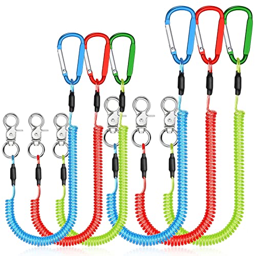 6 Pack Fishing Lanyard Steel Wire Coiled Lanyard Tool Lanyards for Hand Tools Kayak Retractable Tool Leash Fishing Rod Safety Lanyards Gear with Alloy Clips for Pliers Boating(Red, Green, Blue)