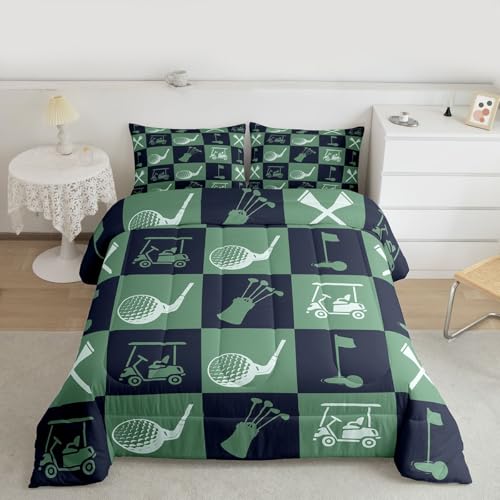 Image of Feelyou Golf Comforter Set Queen Size Navy Blue Green Plaid Buffalo Check Geometric Bedding Set for Kids Boys Girls Sports Theme Duvet Quilt Bedroom Decor Microfiber 3 Pcs with 2 Pillow Cases