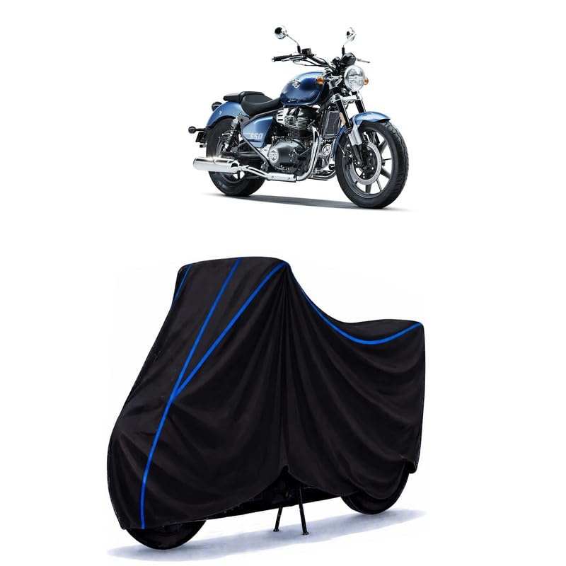 Image of Super Meteor 650 Astral Bike Cover Water Resistant Universal Motorcycle Rain | Heavy Duty UV Protection, Dust, Scratch Indoor Outdoor All Weather with Black Blue Piping Elastic