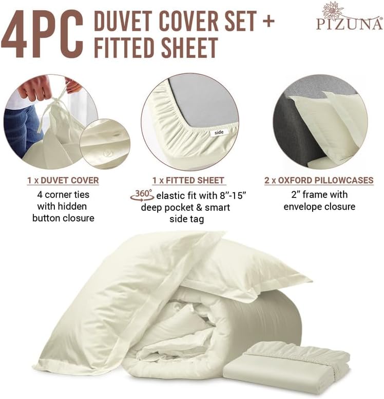 Miniatura 4 de Pizuna Juego de funda de edredón de 3 piezas de 100 % algodón + 1 sábana bajera de 400 hilos, tejido de satén blanco hueso, lujoso juego de ropa