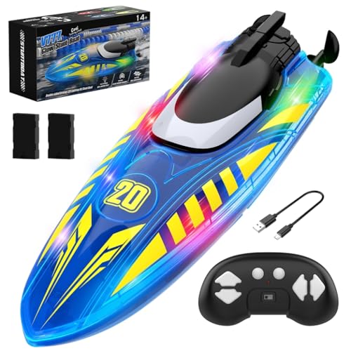 OBEST Barco teledirigido niños, lancha teledirigida, Barcos RC, Barco de Control Remoto, Giratorio de 360° Barco acrobático, con Tiras de luz LED para Piscinas y Lagos, Regalo para Niños y Adultos