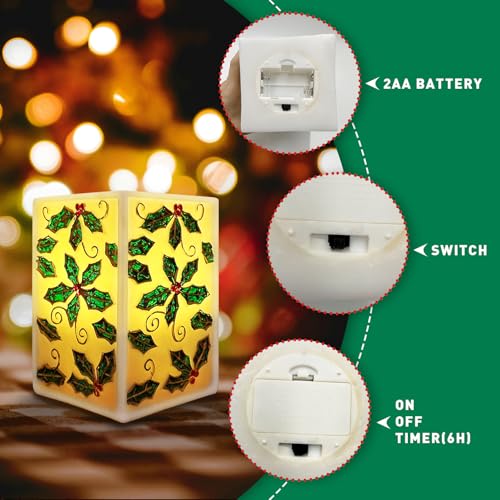 Image of Christmas Flickering Flameless Square Pillar Candle Light Real Wax LED Candle Battery Powered with 6 Hour Timer Xmas Indoor Decoration