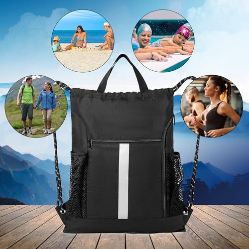 Image of BeeGreen Mix-Black-Drawstring-Backpack-Bag, Large String Sack with Shoe Compartment and Two Side Mesh Pockets Lightweight Sturdy For Gym