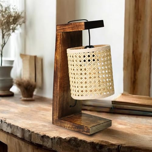 Image of Ikari Homes Vintage Table Lamp I Indonesian Rattan Cane with Braided Wire I Boho Table lamp for Bedroom /Living Room /Office Desk /Restaurants - (Rattan Hex Shade)