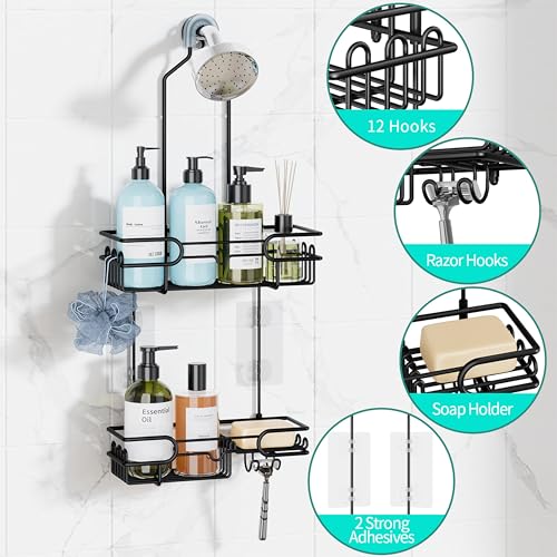 HapiRm-Hanging-Shower-Caddy-Organizer-Bathroom-Organizer-with-12-Hooks-and-Soap-Holder-Rustproof-Shower-Shelf-over-Shower-Head-Black