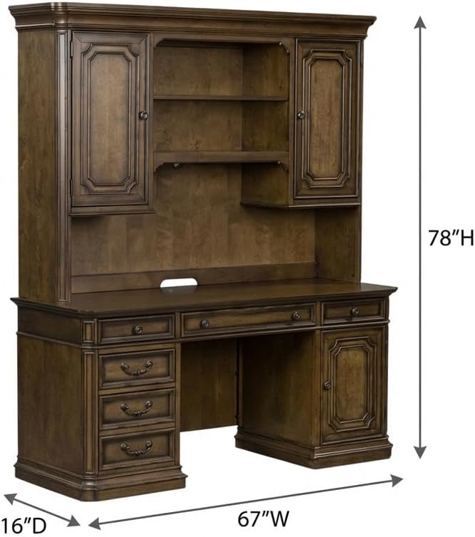 Antique Toffee Executive Credenza Set, Traditional Style, Poplar Solids, Birch Veneers, Ample Storage, Durable Finish, Elegant Furniture