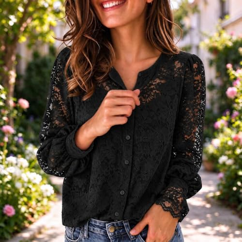 Women Floral Lace Dressy Shirt Button Down Fall Trendy Long Sleeve Top | Western Style, Dressy Casual, Everyday Wear, Fall Layering, Lace Sheer Tops, Embroidery Crew Neck Blouse, Work Office Outfits - image 2