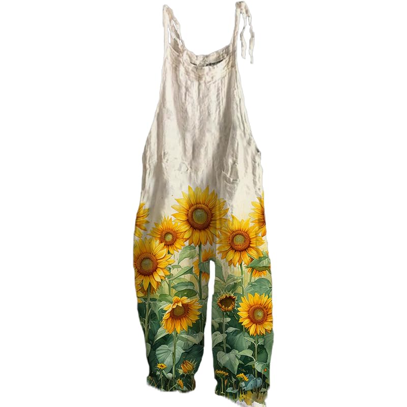 Biacolum Sunflower Jumpsuits for Women Rompers Boho Cotton Linen Floral Printed Plus Size Comfy Rompers Sleeveless Cargo Long Pant Lightweight Trendy
