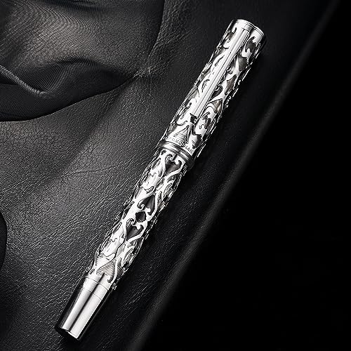 Image of Hongdian D1 Piston Fountain Pen Extra Fine Nib, Hollow Skeleton & Resin Pen with Metal Case Set (Silver)